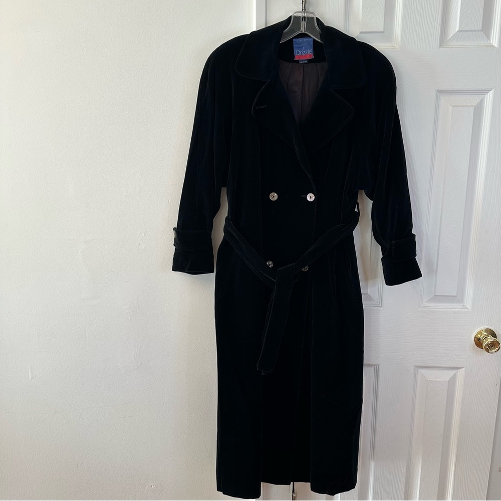 Vintage Carol Cohen Black Velvet Double Breasted Trench Coat, Size 8, Drizzle
